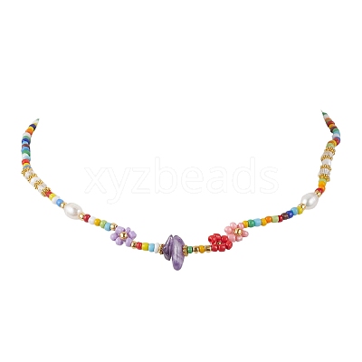 Flower Glass Seed & Pearl Beaded Necklaces NJEW-JN04677-02-1