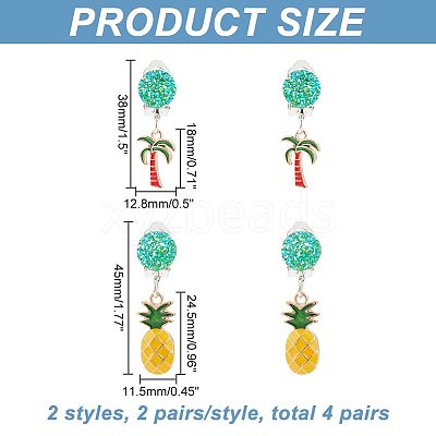 4 Pairs 2 Style Coconut Tree & Pineapple Enamel Dangle Clip-on Earring EJEW-AR0001-08-1