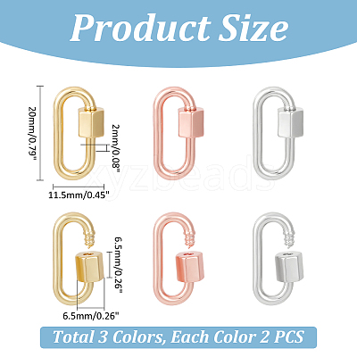6Pcs 3 Colors Brass Screw Carabiner Lock Charms KK-UN0002-05-1