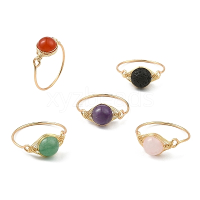Natural Mixed Gemstone Braided Bead Finger Ring RJEW-JR00588-02-1