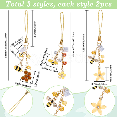 6Pcs 3 Styles Bees Alloy Enamel & Glass Mobile Straps HJEW-SC0001-94-1