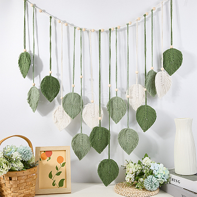 Bohemian Hand-woven Cotton Rope Leaf Tassel with Wood Beads Wall Hanging Ornaments FIND-WH20019-136B-01-1