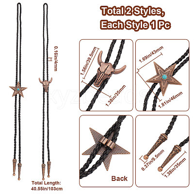 2Pcs 2 Styles Adjustable Vintage PU Leather Bolo Tie NJEW-GF0001-13R-1