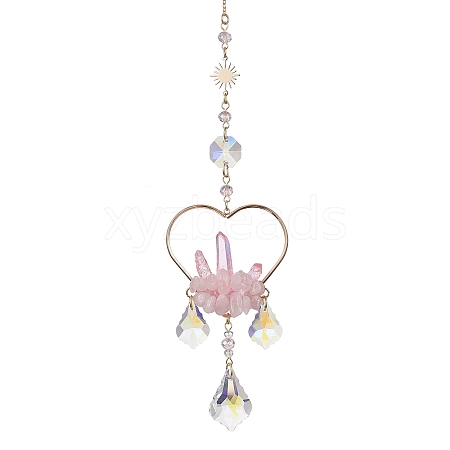 Natural Rose Quartz Wrapped Heart Hanging Ornaments HJEW-JM01614-02-1