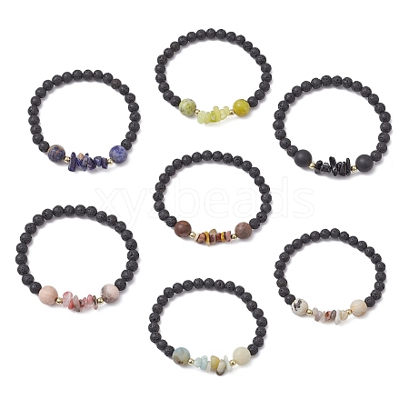 7Pcs Natural Mixed Stone Chips & Round Beaded Stretch Bracelets Set for Women BJEW-JB11130-1