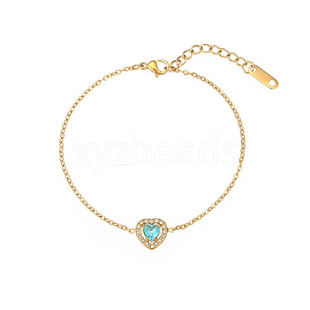 Cubic Zirconia Heart Link Bracelet with Golden Stainless Steel Chains OQ9710-1-1