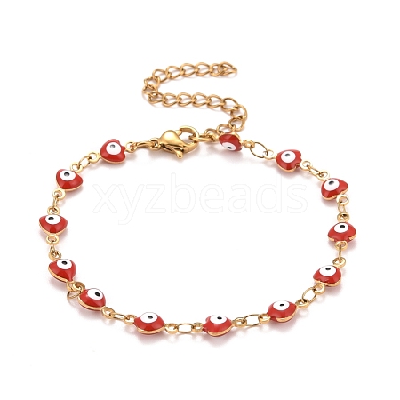 Enamel Heart with Evil Eye Link Chains Bracelet BJEW-P271-06G-03-1