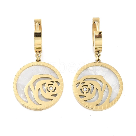 Flat Round with Rose 304 Stainless Steel Shell Dangle Earrings EJEW-L283-070G-1