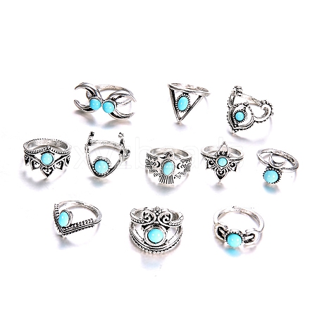 11Pcs 11 Style Synthetic Turquoise Finger Rings Set AJEW-PW0005-04AS-1