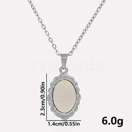 304 Stainless Steel Pave Natural White Shell Lace Edged Oval Pendant Necklaces Simple High-end Design UA7477-2-1