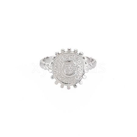 Non-Tarnish 304 Stainless Steel Flat Round with Initial Letter Open Cuff Ring for Men Women RJEW-S405-246P-C-1