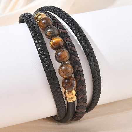 Braided Microfiber Leather Cord & Natural Tiger Eye Multi-strand Bracelets BJEW-C153-01H-1