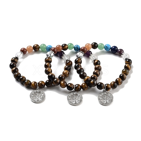 Natural Tiger Eye Round Beaded Chakra Stretch Bracelets BJEW-K251-01E-1