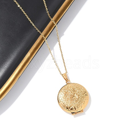 304 Stainless Steel Flat Round Locket Pendant Cable Chain Necklaces for Women NJEW-M050-04A-G-1