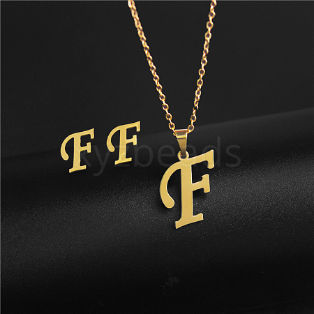 304 Stainless Steel Letter Pendant Necklaces & Stud Earrings Sets WG4BFDA-06-1