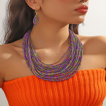 Plastic Seed Beaded Multilayer Necklaces & Teardrop Dangle Earrings Sets WGB34C1-05-1