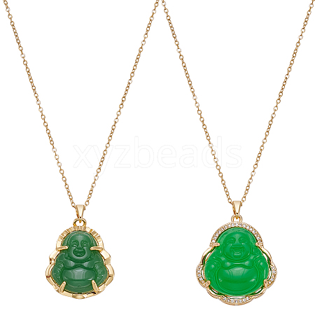 2Pcs 2 Styles Imitation Chalcedony Buddha Pendant Stainless Steel Chain Necklaces NJEW-UN0001-90-1