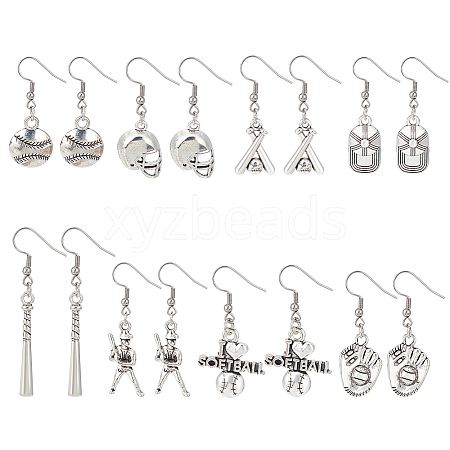 ANATTASOUL 8 Pairs 8 Style Softball Sport Theme Alloy Dangle Earrings EJEW-AN0003-21-1