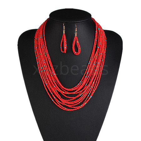 Bohemian Style Glass Seed Beaded Multilayer Necklaces & Teardrop Dangle Earrings Sets WG1B7AB-05-1