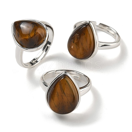 Natural Tiger Eye Teardrop Adjustable Rings RJEW-K371-08S-21-1