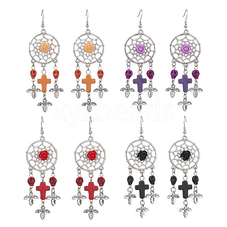 4 Pairs 4 Colors Woven Web/Net with Cross & Skull Synthetic Turquoise Dangle Earrings EJEW-JE05865-1