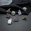Halloween Whitch Hat Ghost Cat Wood Stud Earring Sets EJEW-OY002-03-4