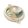 Brass Enamel Flat Round with Rose Connector Charms KK-M308-01G-02-2