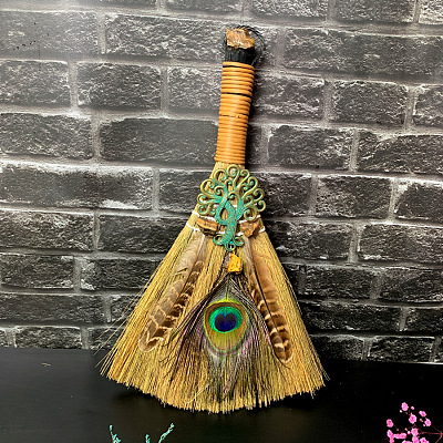 Straw Witch Altar Broom Display Decoration with Raw Natural Tiger Eye Chips WG15595-10-1
