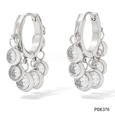 304 Stainless Steel Cubic Zirconia Flat Round Tassel Chandelier Earrings FS-WG9F9FA-04-1