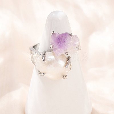 Nuggets Natural Amethyst & Pearl Open Cuff Rings RJEW-K286-13P-1