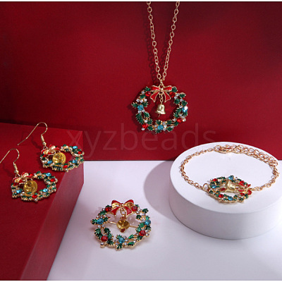 Christmas Wreath & Bell Alloy Rhinestone Pendant Necklaces & Dangle Earrings & Charm Bracelets & Brooch Sets WG06691-09-1