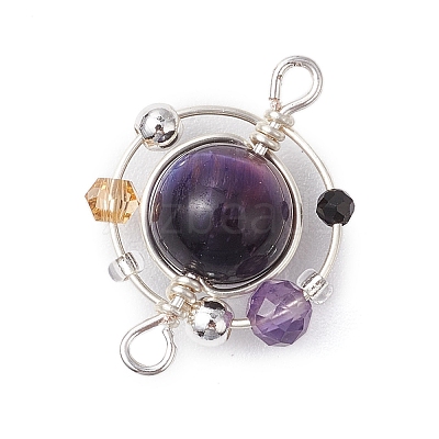 4Pcs 4 Colors Natural Tiger Eye(Dyed/Undyed) Copper Wire Wrapped Planet Connector Charms PALLOY-TA00181-1