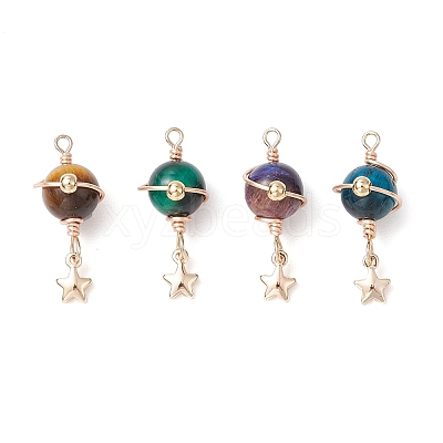 4Pcs 4 Colors Natural Tiger Eye Round Pendants PALLOY-TA00191-1