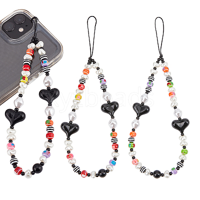 2Pcs Colorful Beads Plastic Pearl Heart Beaded Chain Moblie Straps AJEW-AR0001-61-1