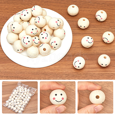 60Pcs Printed Natural Wood European Beads WOOD-GF0002-19B-1
