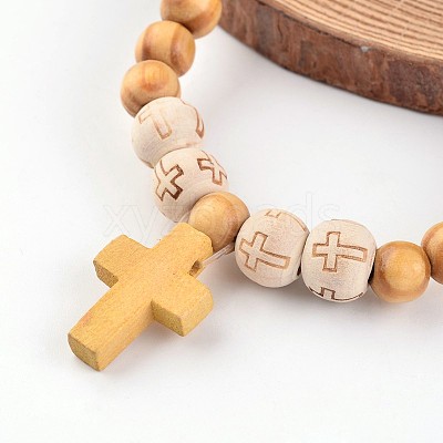 Cross Wood Beaded Stretch Charm Bracelets X-BJEW-JB02220-1