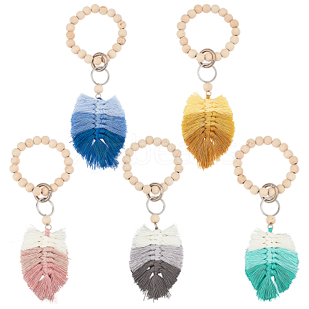 5Pcs Natural Wood Beads Stretch Bracelets Keychains KEYC-PH01429-1
