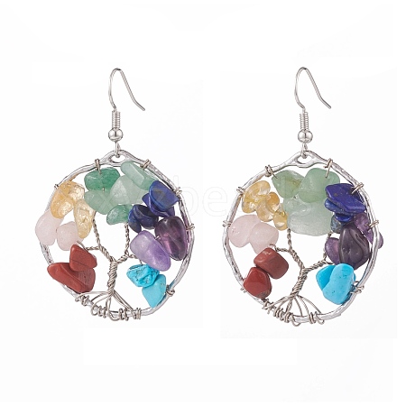 Natural & Synthetic Mixed Gemstone Chips Braided Ring with Tree of Life Dangle Earrings EJEW-JE04881-01-1