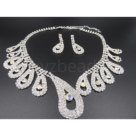 Teardrop Brass Rhinestone Pendant Necklaces & Stud Dangle Earrings Sets for Women WGD620E-01-1