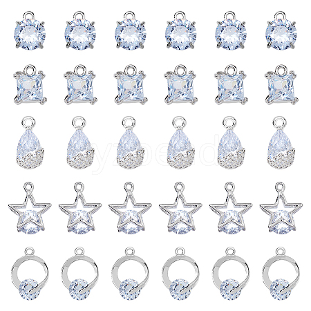 SUPERFINDINGS 30Pcs 5 Styles Alloy Cubic Zirconia Pendants ZIRC-FH0001-48-1