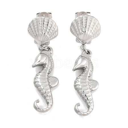 Sea Horse & Shell Shape 304 Stainless Steel Dangle Earrings EJEW-L283-106P-1