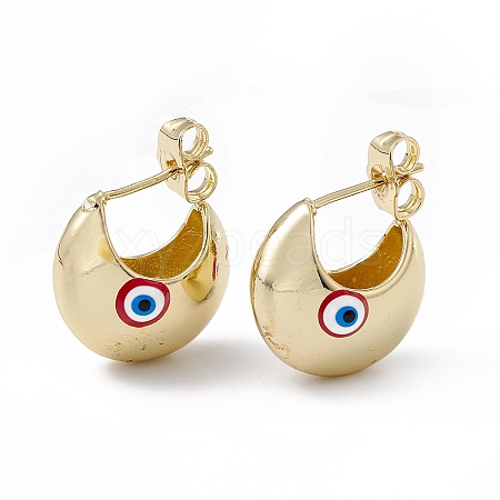 Enamel Crescent Moon with Evil Eye Stud Earrings EJEW-A093-01G-03-1