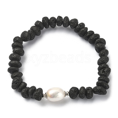 Natural Lava Rock & Pearl & Brass Beaded Stretch Bracelets BJEW-JB09493-02-1