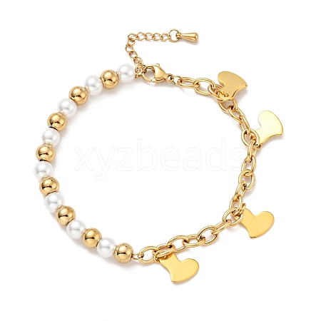 201 Stainless Steel Heart Charm Bracelet BJEW-A126-15G-1