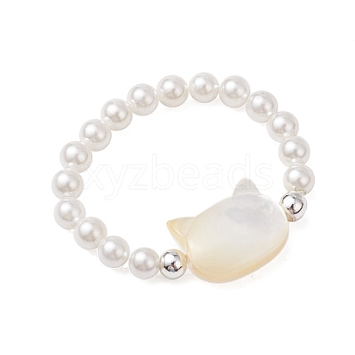Cat Shaped Natural White Shell Beaded Stretch Finger Rings RJEW-TA00175-1