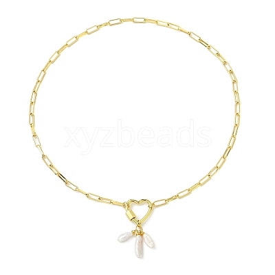 Natural Baroque Keshi Pearl Stick Pendant Brass Paperclip Chain Necklaces with Heart Clasps NJEW-JN06125-1