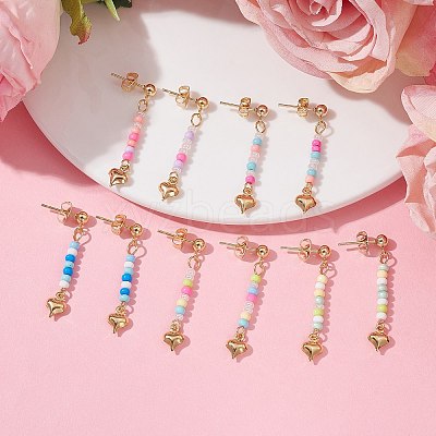 5 Pairs 5 Colors Golden 304 Stainless Steel Heart Dangle Stud Earrings EJEW-JE05538-S-1