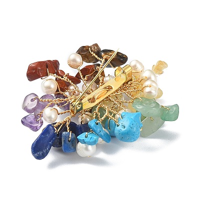 Natural Mixed Gemstone Chips & Pearl Beaded Flower Brooch Pin JEWB-BR00106-1