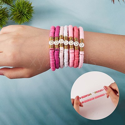 10Pcs 10 Style Handmade Polymer Clay Heishi Beaded Stretch Bracelets Set with Heart BJEW-SW00036-02-1