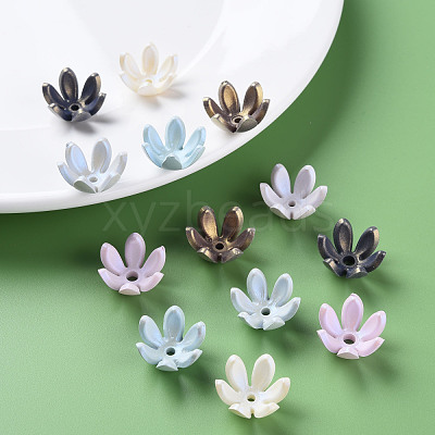 6-Petal Spray Painted Acrylic Bead Caps MACR-S373-47J-1